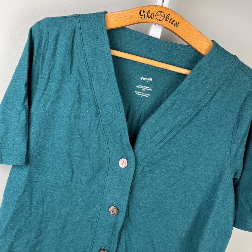 J. Jill Pure Jill Hemp & Cotton Button Front Top Womens L Teal Short Sleeve